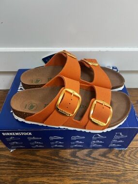 New Birkenstock Orange Arizona Sandals with Gold Buckles 39